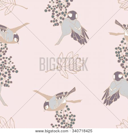 Pink Vector Pattern With Birds Pecking Berries