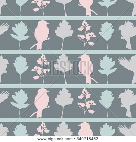 Grey Vector Pattern With Birds Plants And Stripes