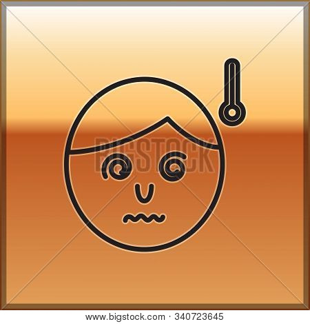 Black Line High Human Body Temperature Or Get Fever Icon Isolated On Gold Background. Disease, Cold,