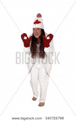 A Happy Indigenous Man Dressed Is White With A Hat And Mittens
With The Canadian Mabel Leaf, Isolate