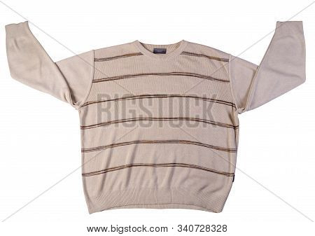 Knitted Hakki Brown Beige Color Sweater With A Zipper Isolated On A White Background. Mens Sweater U