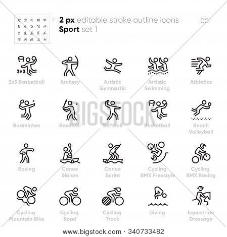 Sport And Games Outline Vector Icons. Basketball, Artistic Gymnastic, Swimming, Baseball, Beach Voll