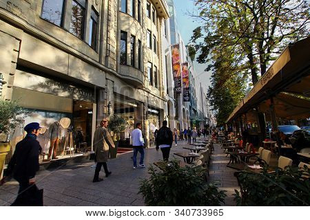 Dusseldorf, Germany - 19 September 2019: People Walking On Dusseldorfs Most Popular Shopping Bouleva