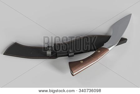 Kukri-style Hunting Knife Complete With Leather Sheath. Isolated On White Background. 3d Illustratio