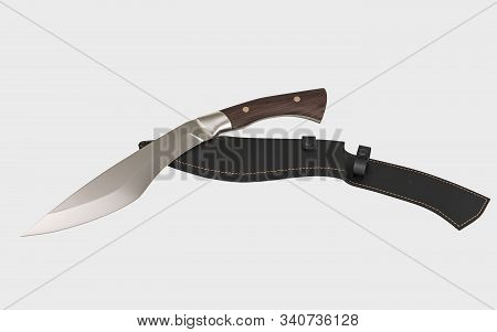 Kukri-style Hunting Knife Complete With Leather Sheath. Isolated On White Background. 3d Illustratio