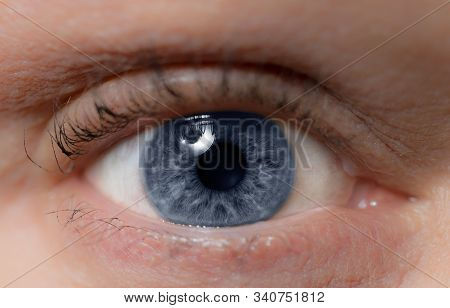 Single Blue Eye With Mascara. Older Woman Healthy Eye Close Up With Catch Light.