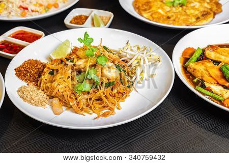 Pad Thai Or Phad Thai, Is A Stir-fried Rice Noodle Traditional Dish Served As A Street Food In Thail