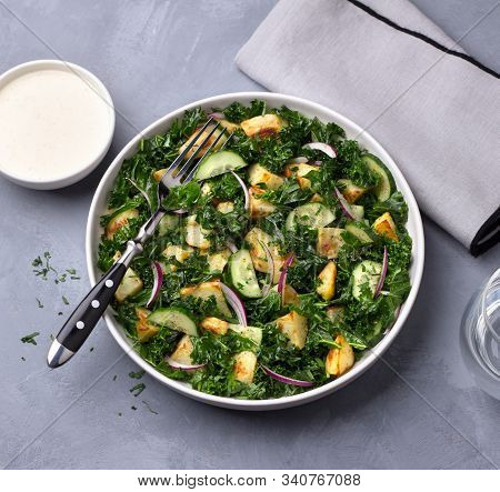 Kale Gabage Salad With Baked Potatoes, Cucumber, Red Onions And Mustard Yogurt Sauce On Gray Texture