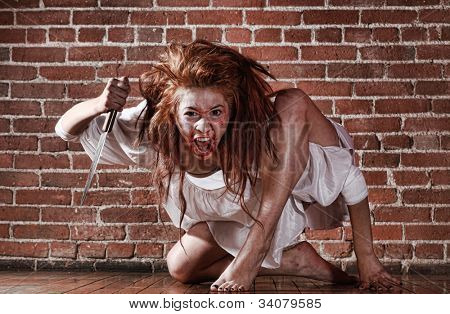 恐怖形势与血腥的脸的女人