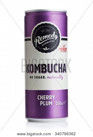 London, Uk - December 20, 2019: Aluminium Can Of Remedy Kombucha Drink With Cherry And Plum On White