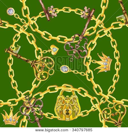 Seamless Pattern Of Watercolor Dolden Chains, Padlock And Keys
