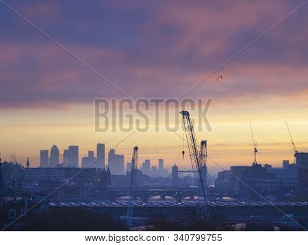Majestic Dawn Sunrise Landscape Cityscape Over London City Sykline Looking East Along River Thames