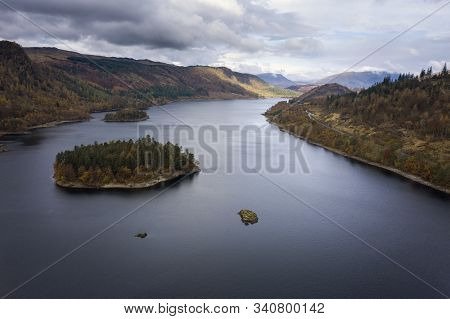 Beautiful Aerial Drone Landscape Image Of Glorious Autumn Fall Sun Over Thirlmere In Lake District