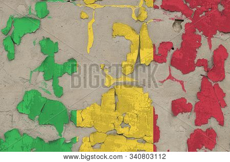 Mali Flag Depicted In Paint Colors On Old Obsolete Messy Concrete Wall Closeup. Textured Banner On R