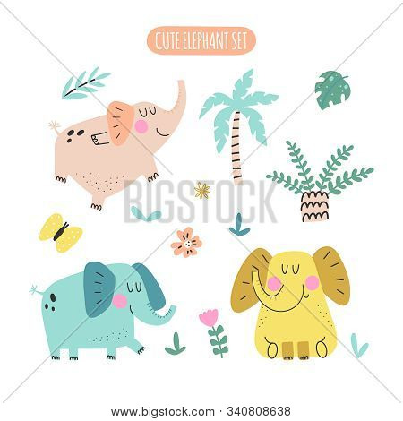 Collection Of Funny Cartoon Elephants, Palms And Plants Isolated On White Background. Vekor Illustra