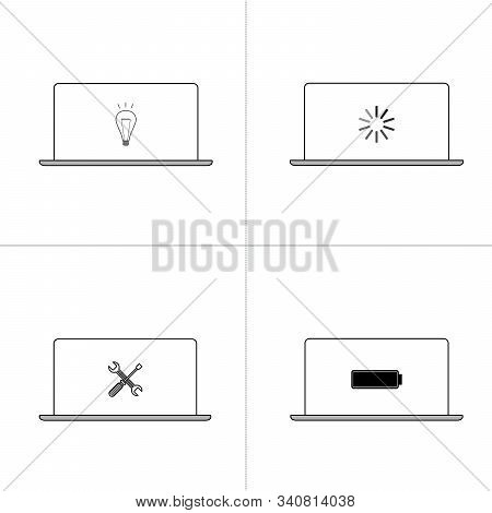 Line Icon Symbol Set, Laptop Screen Concept, Digital Technology, Network, Cloud, Data, Security, Wir