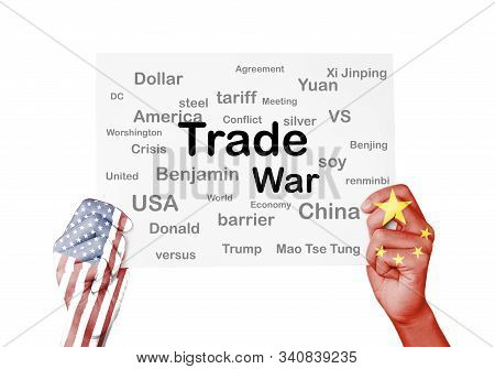 Usa And China Flag Print Screen On Hand Which Holding And Rise Up Trade War Keyword.it Is Symbol Of 