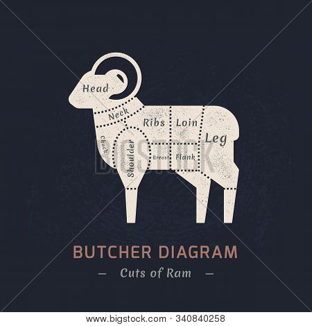 Cutting Ram Meat Painted In A Vector In A Flat Retro Styles Isolated Against The Background. For The