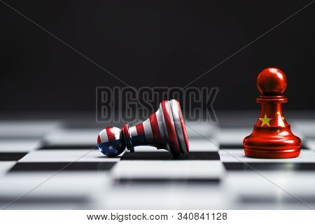 Usa Flag And China Flag Print Screen On Pawn Chess With Black Background.it Is Symbol Of Tariff Trad