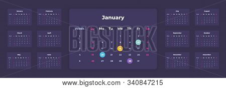 Calendar Mockup. 2020 Corporate Business Planner, Weeks And Months Count Template, Dark Calendar Des