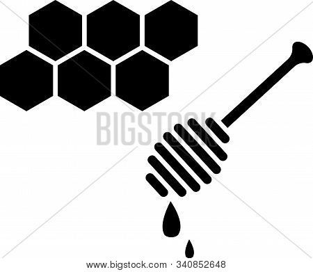 Black Honeycomb With Honey Dipper Stickicon Isolated On White Background. Honey Ladle. Honey Cells S