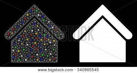 Glowing Mesh Base Building Icon With Sparkle Effect. Abstract Illuminated Model Of Base Building. Sh