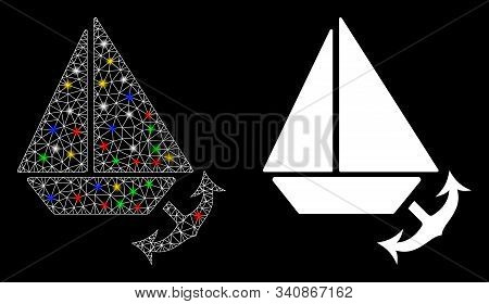 Glossy Mesh Seaport Icon With Glitter Effect. Abstract Illuminated Model Of Seaport. Shiny Wire Fram