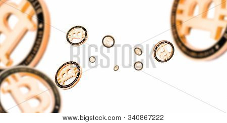 Bitcoin Mining Isolated On White Background. Gold Falling Cryptocash. Litecoin, Ethereum Cryptocurre