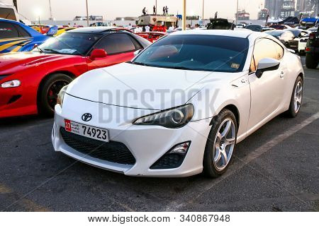 Dubai, Uae - November 15, 2018: White Sports Car Toyota 86 Takes Part In The Annual Gulf Car Festiva