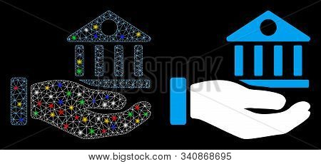 Glowing Mesh Bank Building Service Hand Icon With Lightspot Effect. Abstract Illuminated Model Of Ba