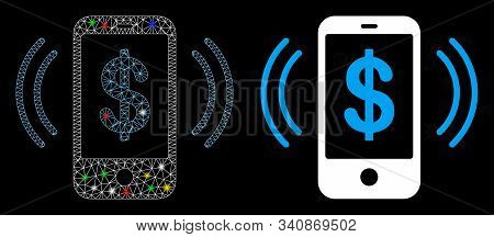 Glowing Mesh Payment Phone Ring Icon With Glare Effect. Abstract Illuminated Model Of Payment Phone 
