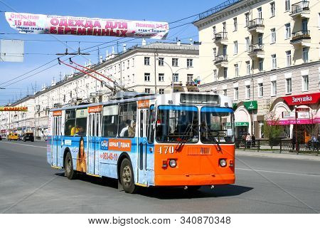 Ekaterinburg, Russia - May 8, 2010: Classic Soviet Trolleybus Ziu 682 In The City Street.