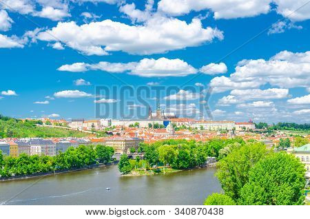 Aerial Panoramic View Of Prague City, Historical Center With Prague Castle, St. Vitus Cathedral In H