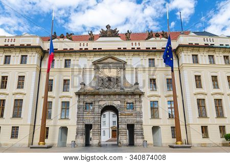 Matthias Gate Of New Royal Palace (novy Kralovsky Palac) And Eu And Czech Flags At Flagpole In Pragu
