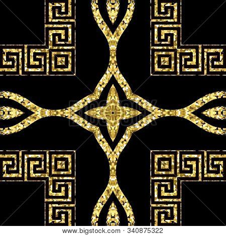 Gold Glitter Ornamental Vector Seamless Pattern. Greek Style Patterned Background. Repeat Geometric 