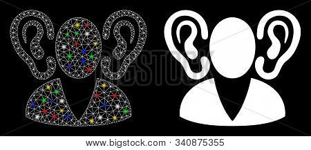 Glossy Mesh Listener Icon With Glow Effect. Abstract Illuminated Model Of Listener. Shiny Wire Carca
