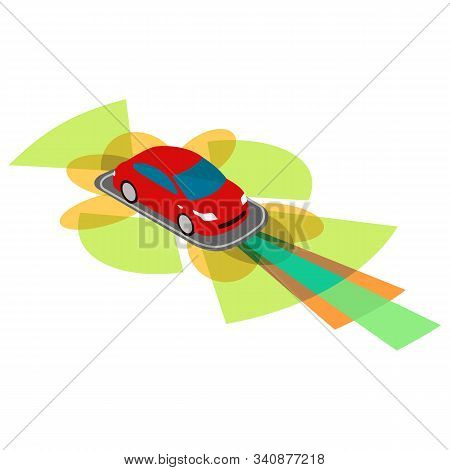 Vector Colorful Image Of The Car, And The Scope Of Its Sensors And Radar.