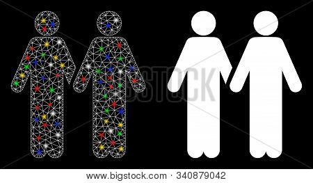 Bright Mesh Adult Friends Icon With Lightspot Effect. Abstract Illuminated Model Of Adult Friends. S