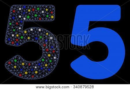 Glossy Mesh 5 Digit Icon With Glare Effect. Abstract Illuminated Model Of 5 Digit. Shiny Wire Frame 