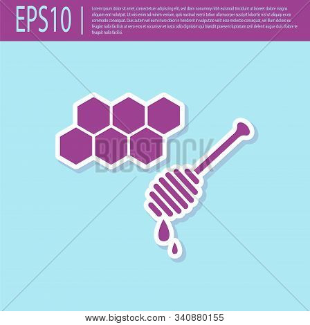Retro Purple Honeycomb With Honey Dipper Stickicon Isolated On Turquoise Background. Honey Ladle. Ho