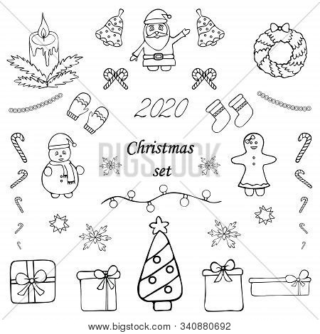 Christmas set. Sketch. Collection of holiday prints. Vector illustration. Outline on an isolated background. Doodle style. Coloring book for children. Christmas. New Year. Christmas decorative elements. Idea for web design. Snowman, present, candle.
