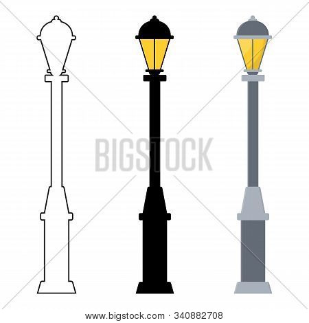 Outline, Black Silhouette, Cartoon Streen Lights Set Isolated On White Background. Vintage Street Li