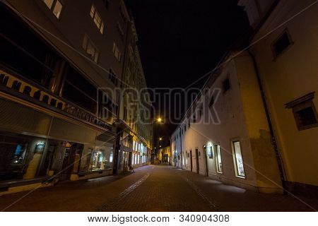 Brno, Czechia - November 5, 2019: Medieval Empty And Deserted Pedestrian Narrow Street Of Brno, Jose