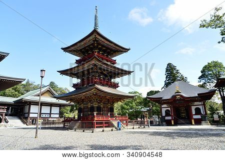 Narita, Japan - October 4, 2019: View Of Red Pagoda And Blue Sky In Naritasan Shinshoji Temple. The 