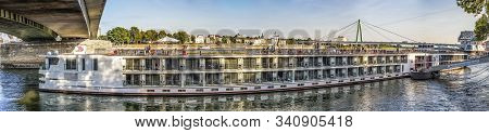 Cologne, Germany - Sep 21, 2016: Skyline Of Cologne With River Rhine In Late Afternoon And Cruise Sh