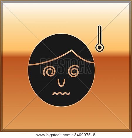 Black High Human Body Temperature Or Get Fever Icon Isolated On Gold Background. Disease, Cold, Flu 
