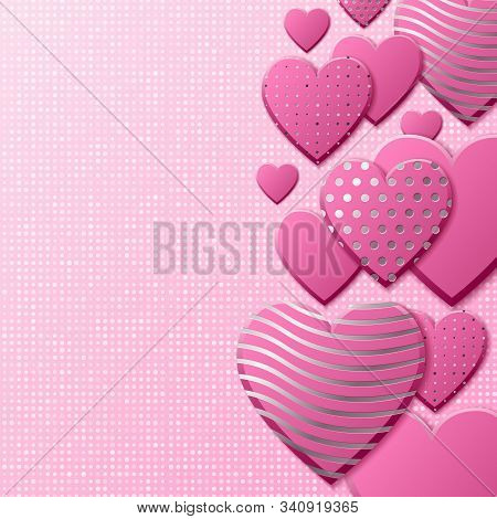 Valentines Day Background With Pink Hearts And Silver Pattern. Silver Luxury Cover On Roseate Backgr