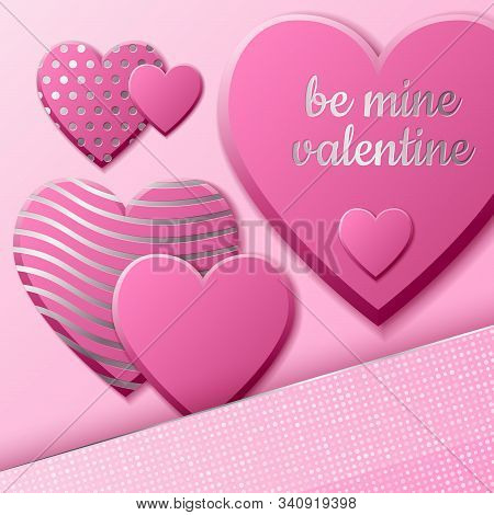 Valentines Day Background With Pink Hearts And Silver Pattern. Silver Luxury Cover On Roseate Backgr