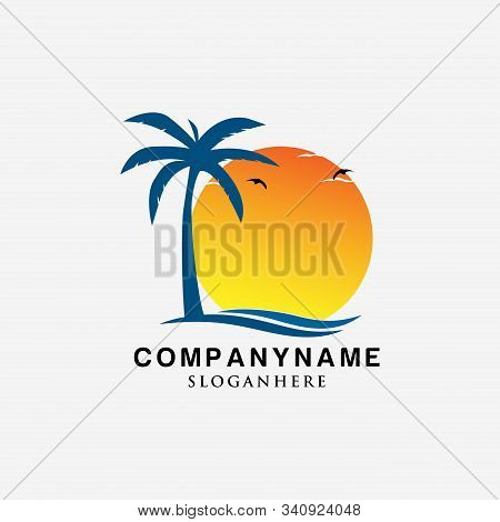 Sun Palm Beach Logo Design Vector Template