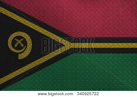 Vanuatu Flag Depicted In Paint Colors On Old Brushed Metal Plate Or Wall Closeup. Textured Banner On